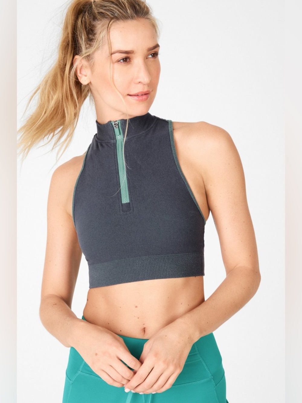 Fabletics Kaylee Mock Neck Zip Up SculptKnit® Crop Top Grey Green Zipper Size M